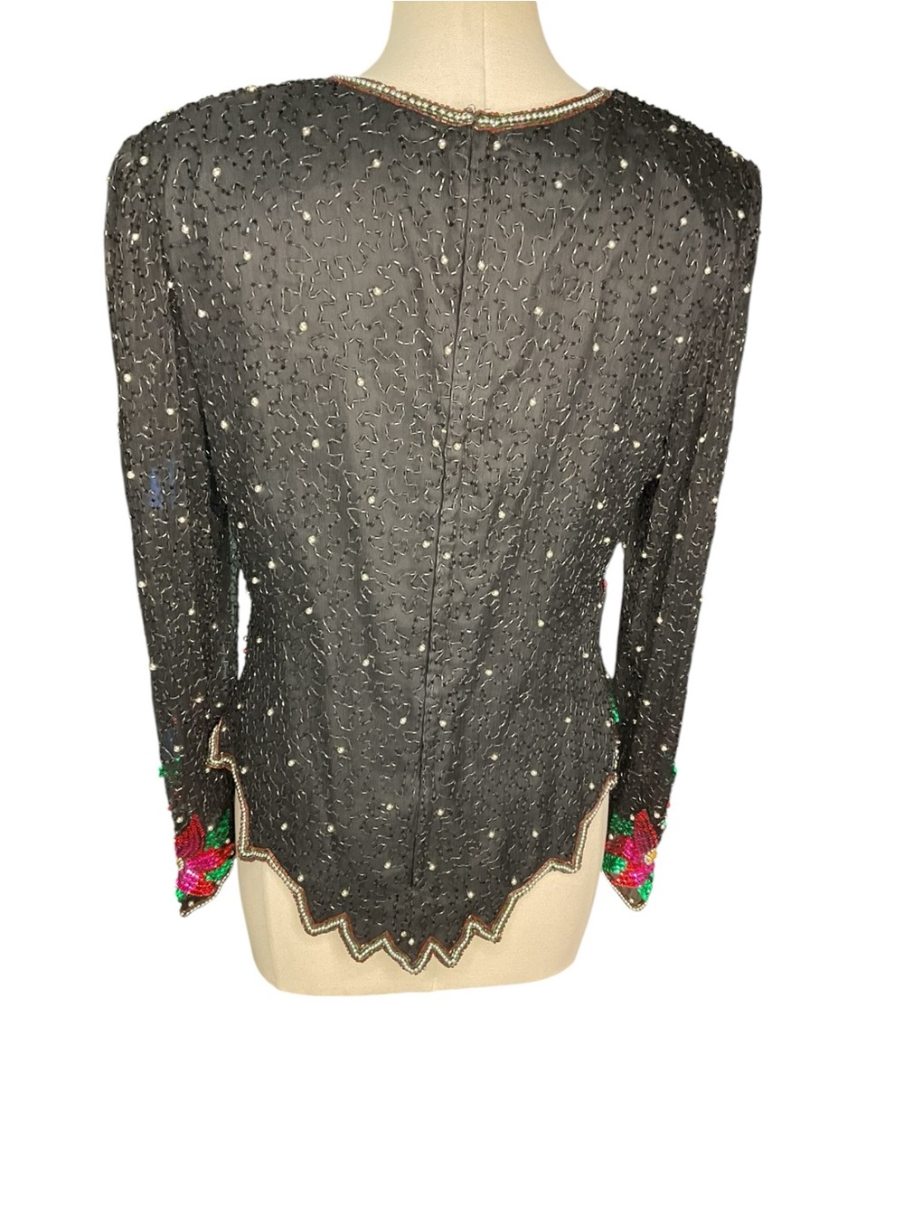 Vintage Laurence Kazar Silk Beaded Sequin Floral Top Large Black Holiday Party - Picture 3 of 6
